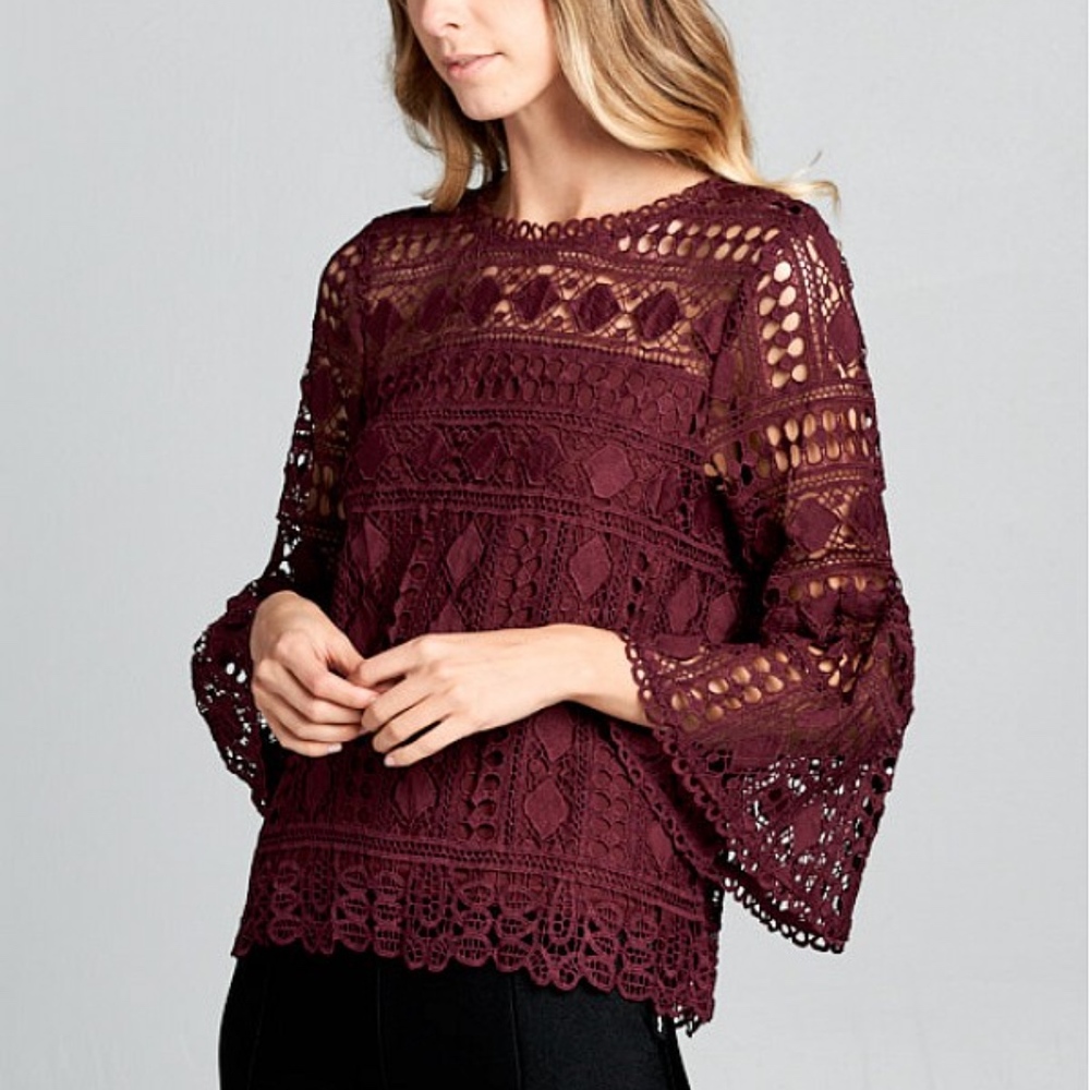 Last 1! NWT Burgundy Lace Top with Bell Sleeves - Picture 3 of 5